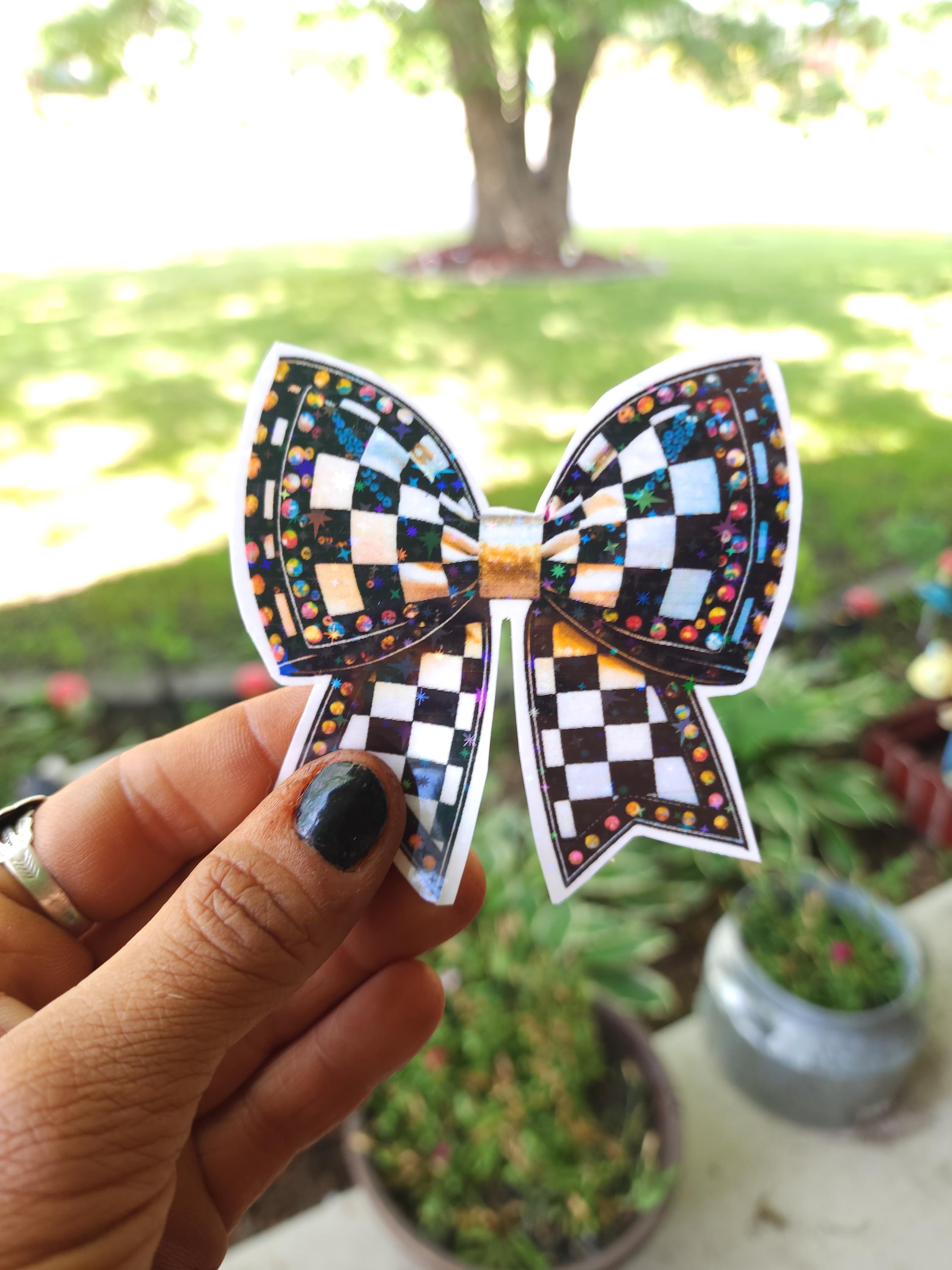 Checkered Bow Rhinestone Sticker: Retro Race Car Decal