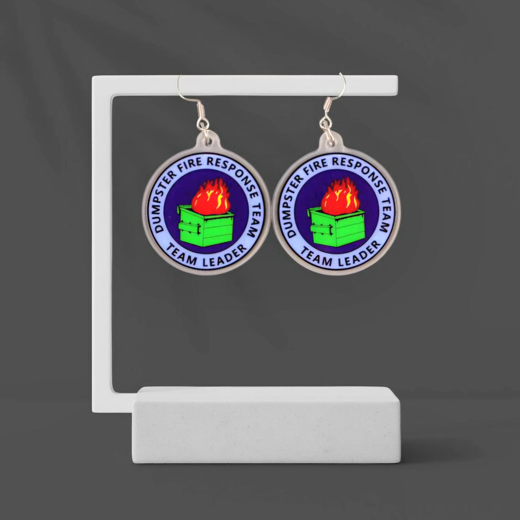 Dumpster Fire Response Team Earrings: Funny Acrylic Dangle Jewelry