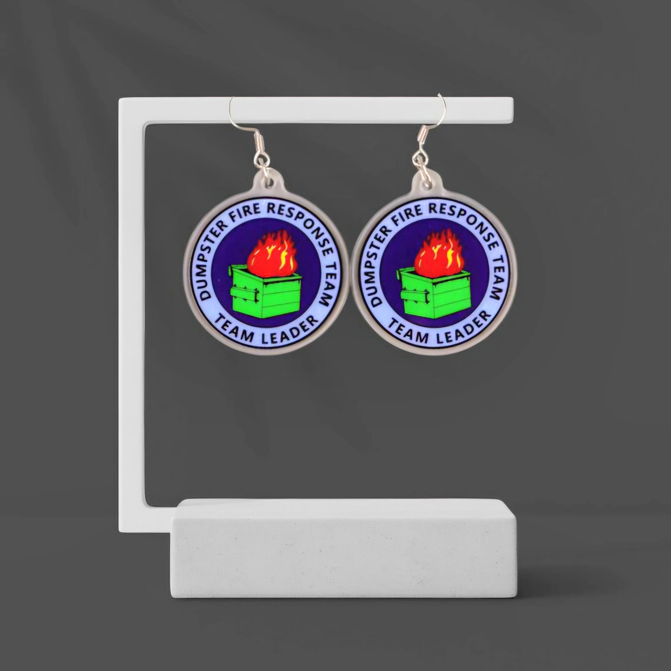 Dumpster Fire Response Team Earrings: Funny Acrylic Dangle Jewelry