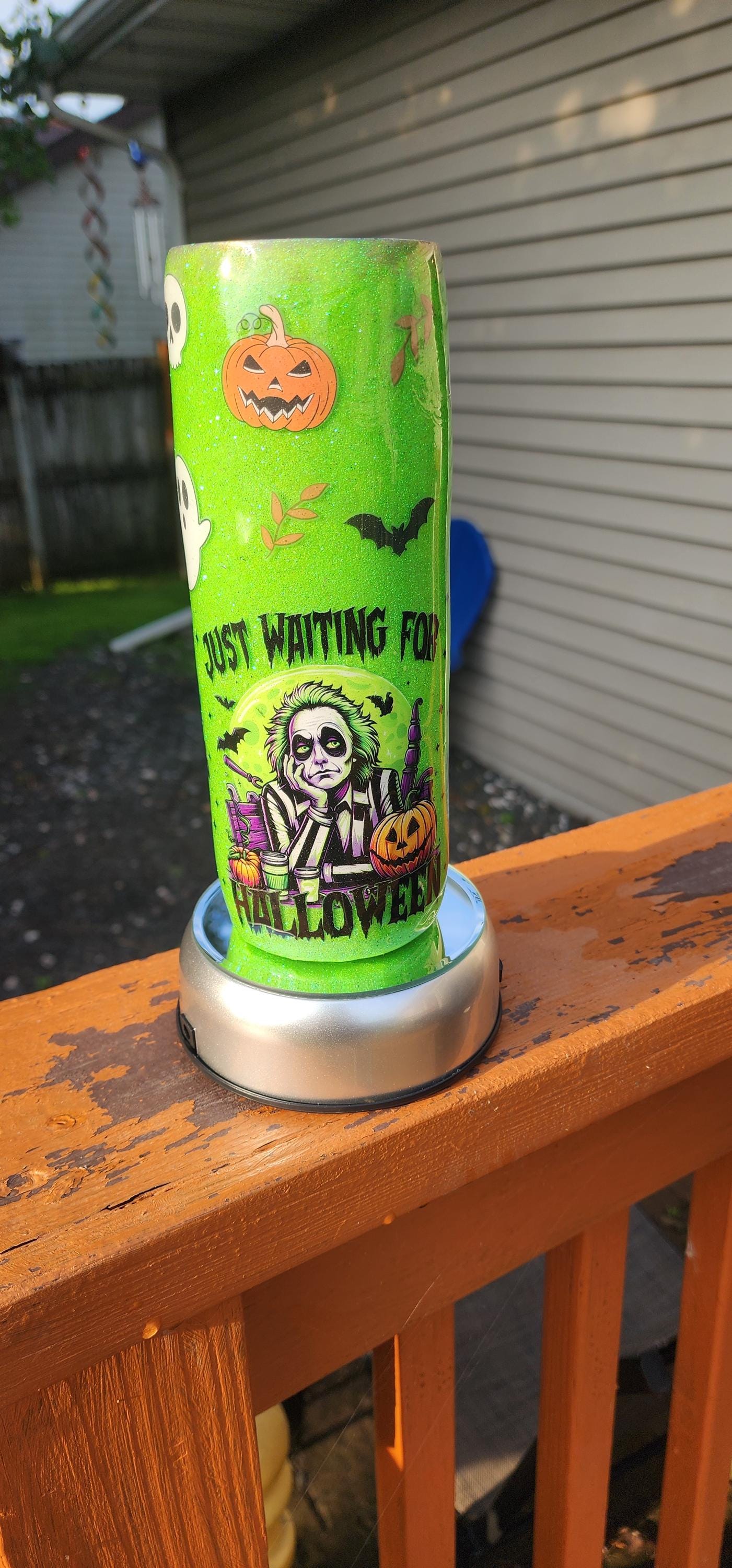 Beetlejuice Tumbler: Lime Green Spooky Sparkle Stainless Steel Cup