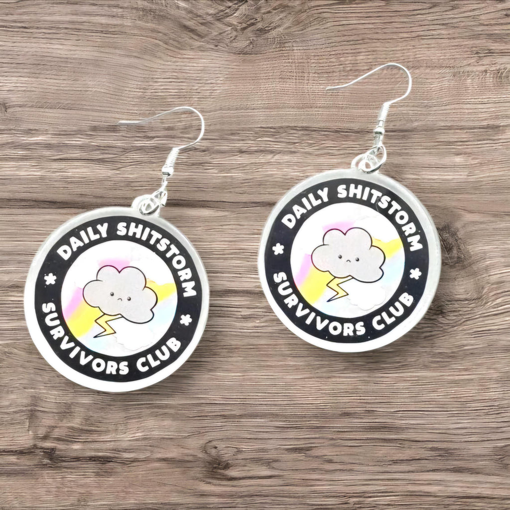 Funny Acrylic Cloud & Lightning Bolt Earrings: Sassy Shitstorm Survivor Jewelry