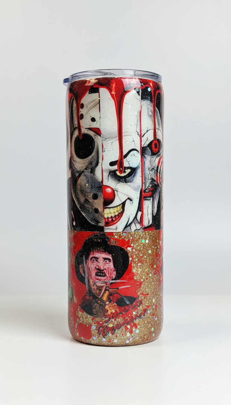 Horror Movie Tumbler: Glittery Slasher Film Stainless Steel Cup