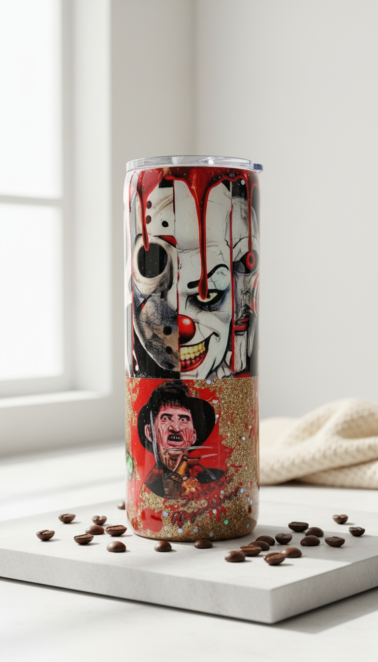 Horror Movie Tumbler: Glittery Slasher Film Stainless Steel Cup