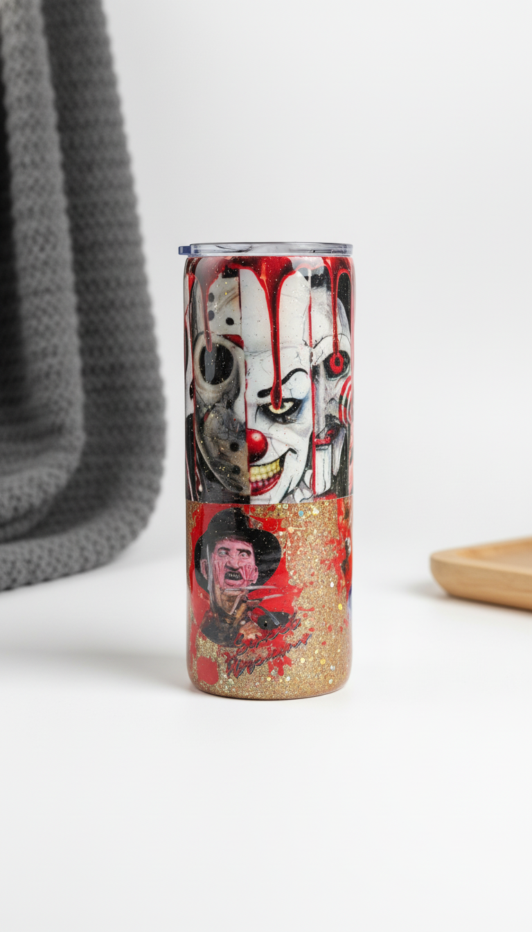 Horror Movie Tumbler: Glittery Slasher Film Stainless Steel Cup
