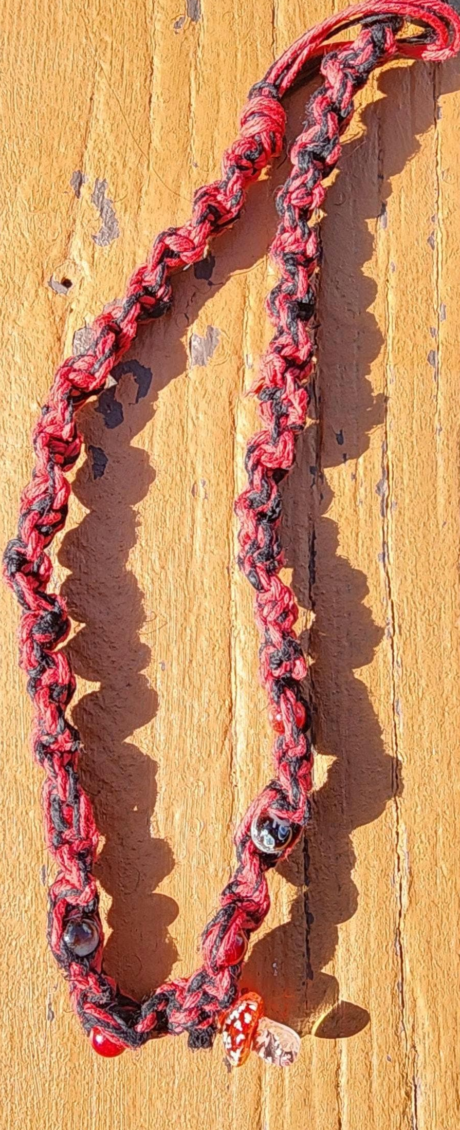 Red and Black Hemp Necklace – Handmade Boho Hemp Jewelry, Unisex Macrame Alternative Style Accessory