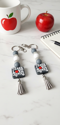 Gray & White Beaded Keychain – “Teach, Love, Inspire” Teacher appreciation| Positive Quote Keychain, Bag Charm