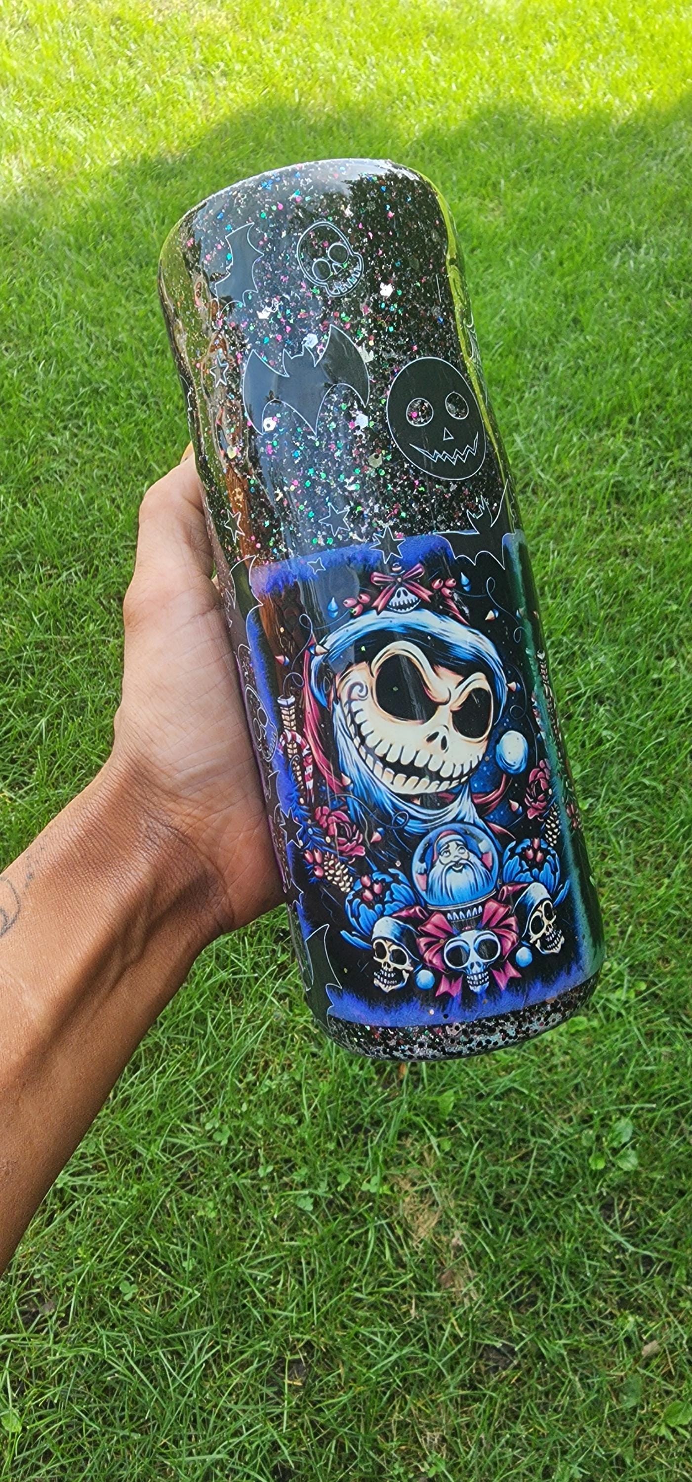 Nightmare Before Christmas Tumbler: Black Glitter Jack & Sally Epoxy Cup