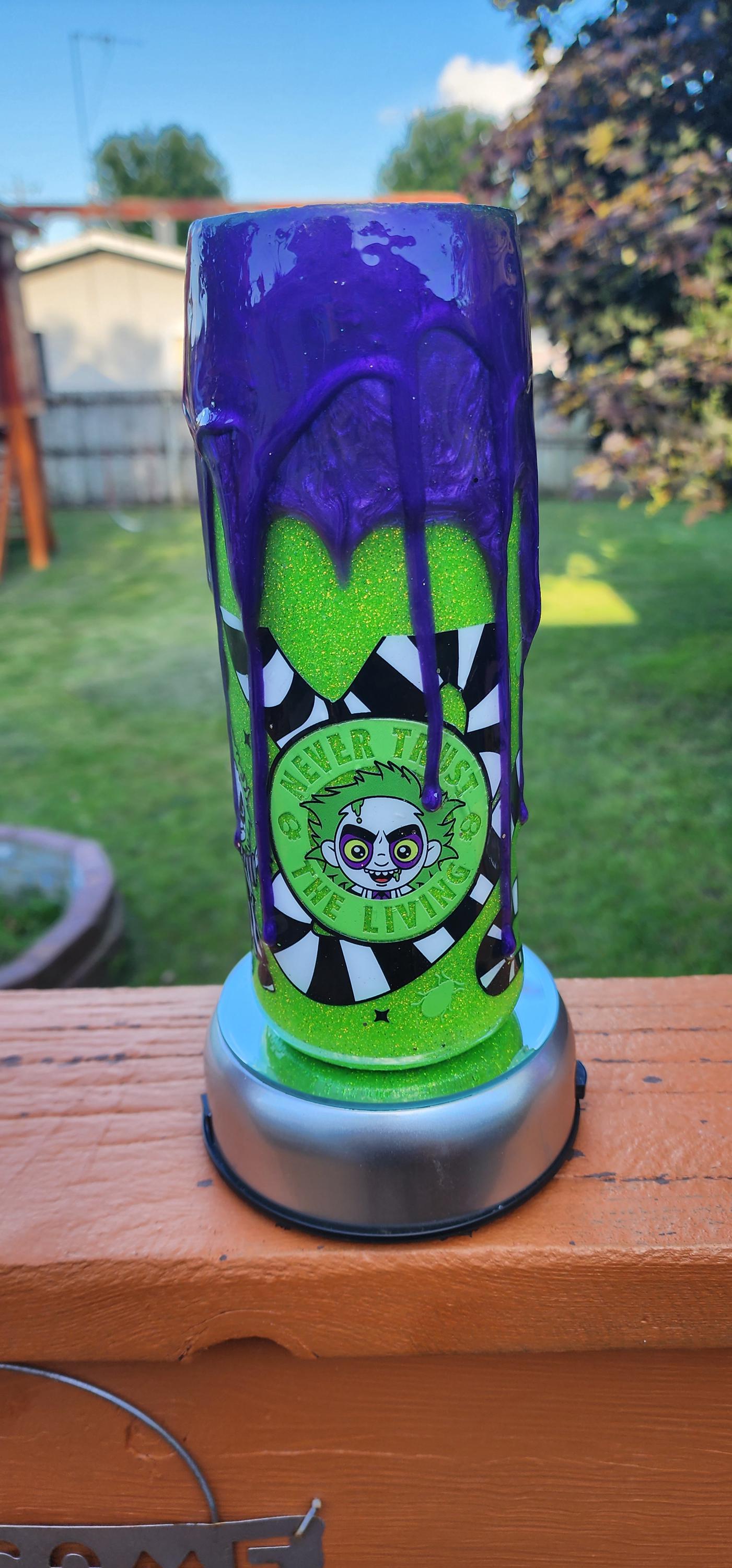 Epoxy Drip Tumbler – Neon Green & Purple Creepy Cute Horror Cup | Handmade Halloween Drinkware and Spooky Movie Fan Gift