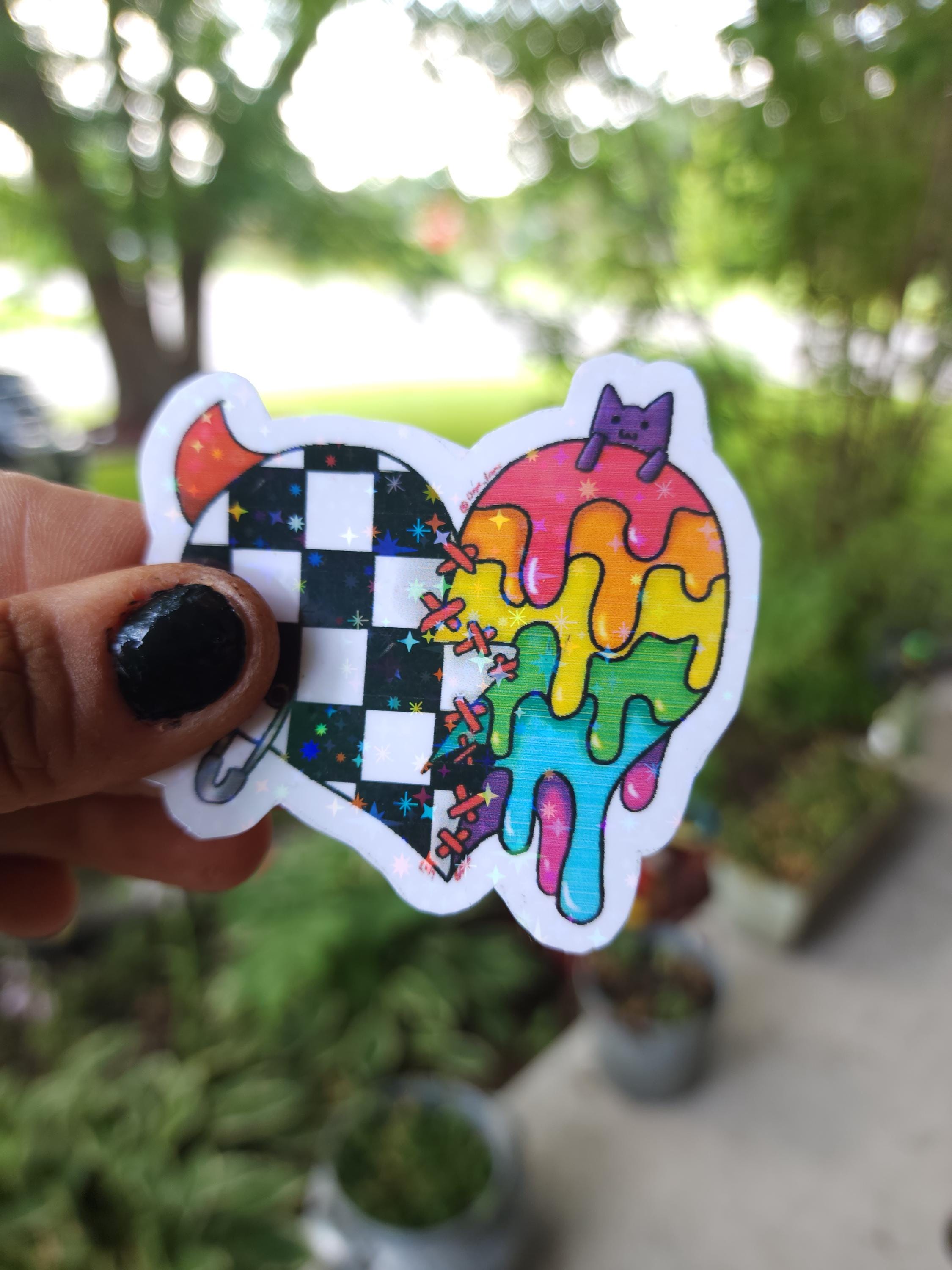 Broken Heart Vinyl Sticker: Punky Checkered Design with Stitches ** Pack of 2**