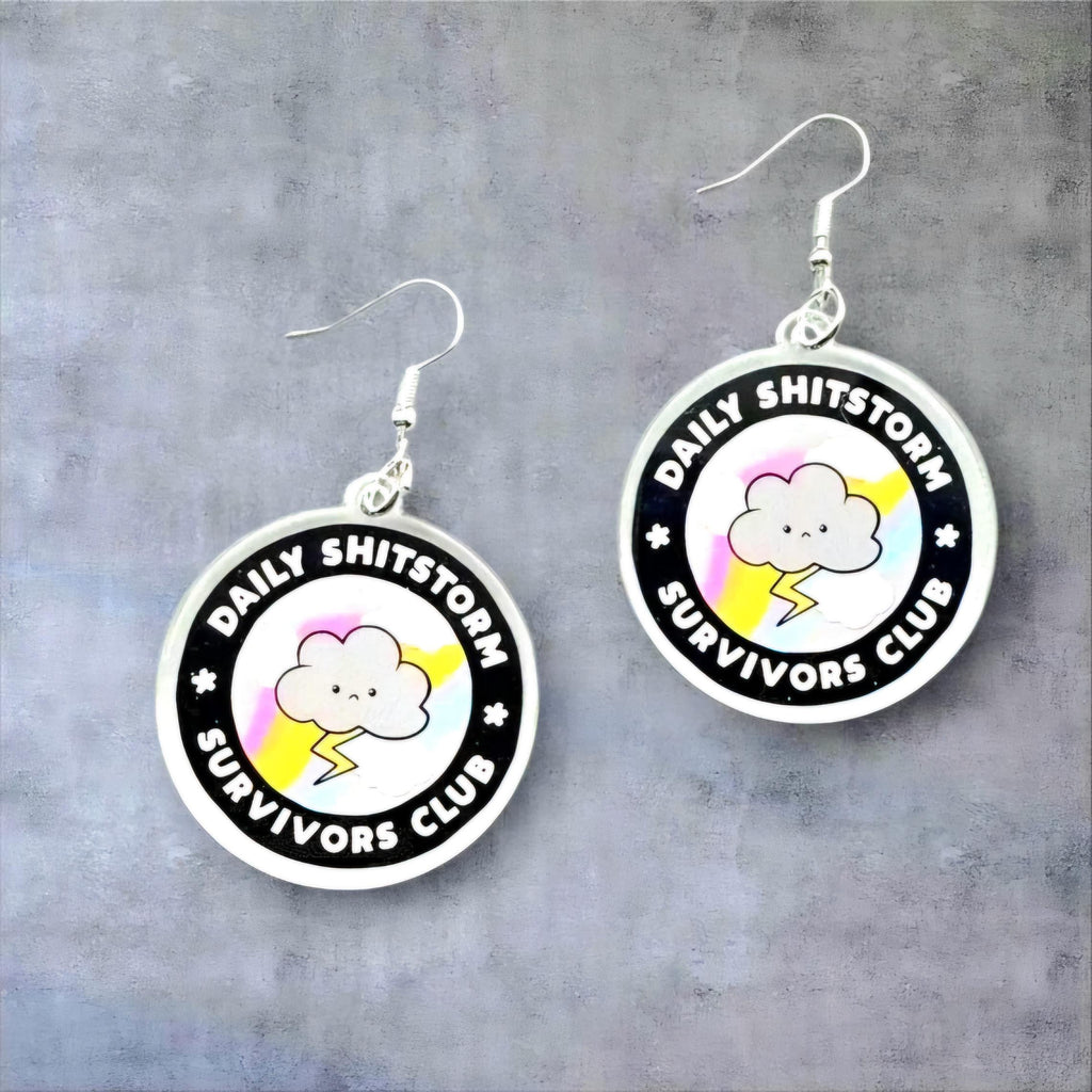 Funny Acrylic Cloud & Lightning Bolt Earrings: Sassy Shitstorm Survivor Jewelry