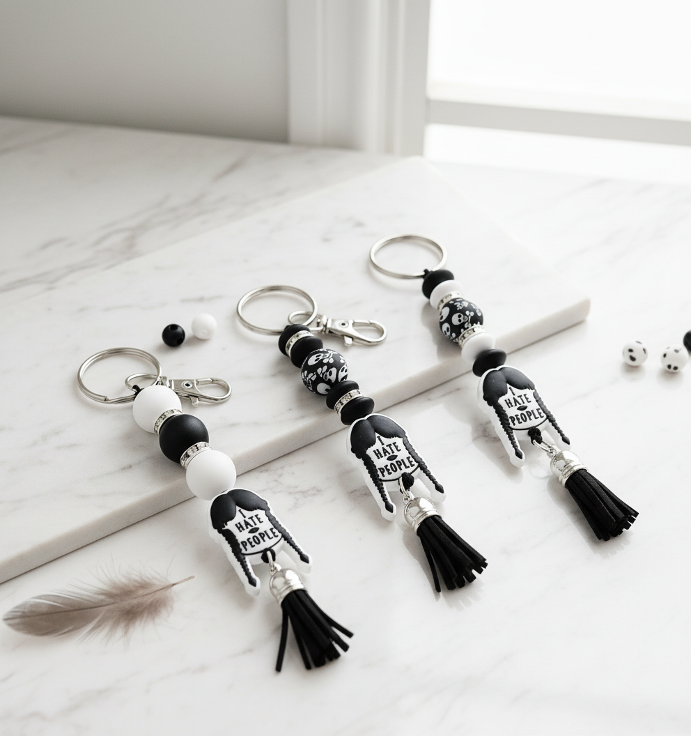 Wednesday Addams ‘I Hate People’ Beaded Keychain – Gothic Spooky Accessory, Creepy Cute Bag Charm,  Horror & Addams Family Fans