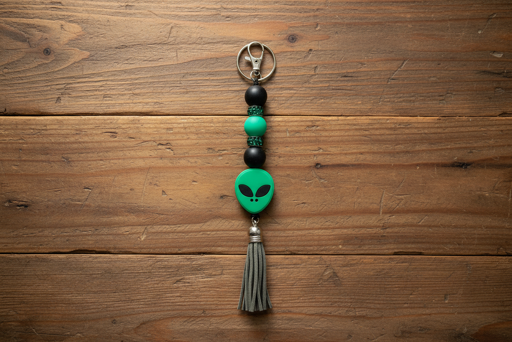 Green Alien Head Keychain: Space Babe Beads, UFO Gift