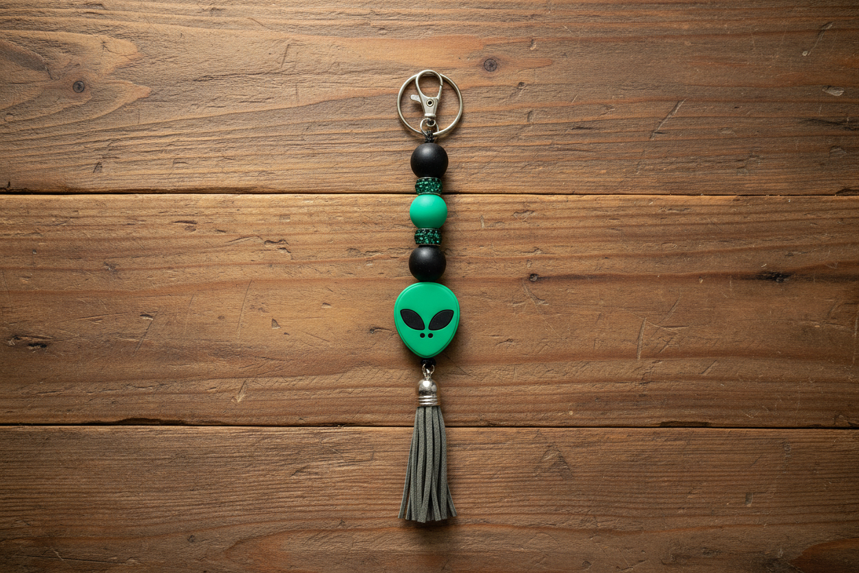 Green Alien Head Keychain: Space Babe Beads, UFO Gift