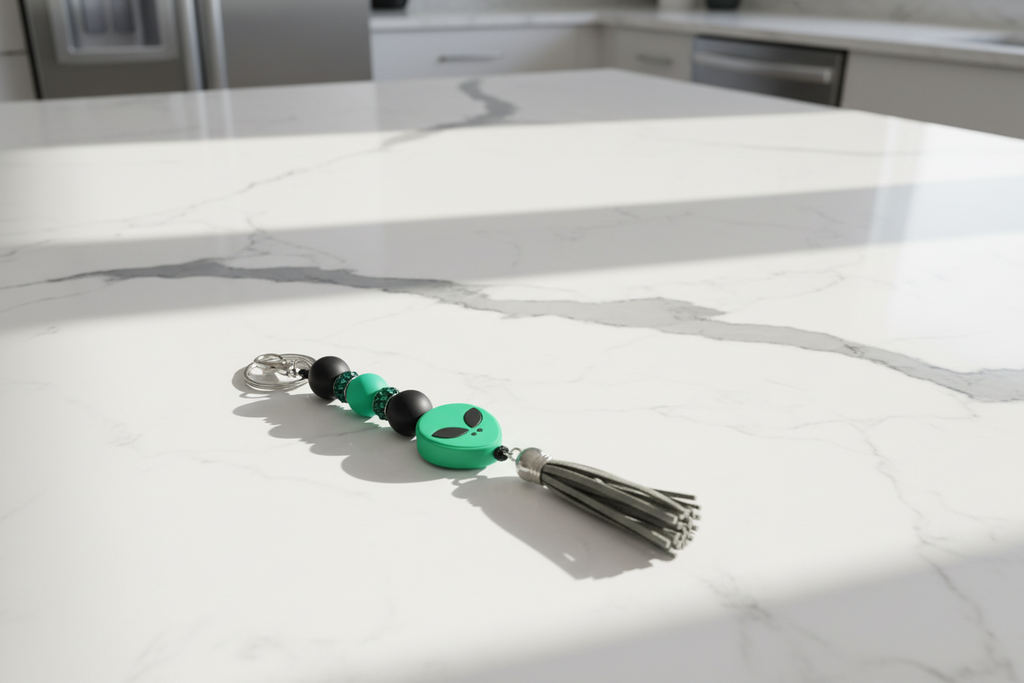 Green Alien Head Keychain: Space Babe Beads, UFO Gift