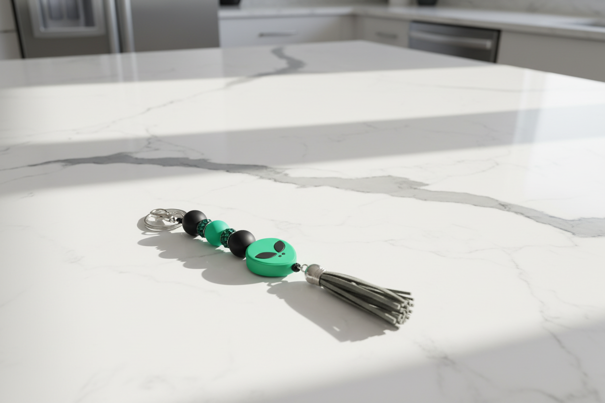 Green Alien Head Keychain: Space Babe Beads, UFO Gift