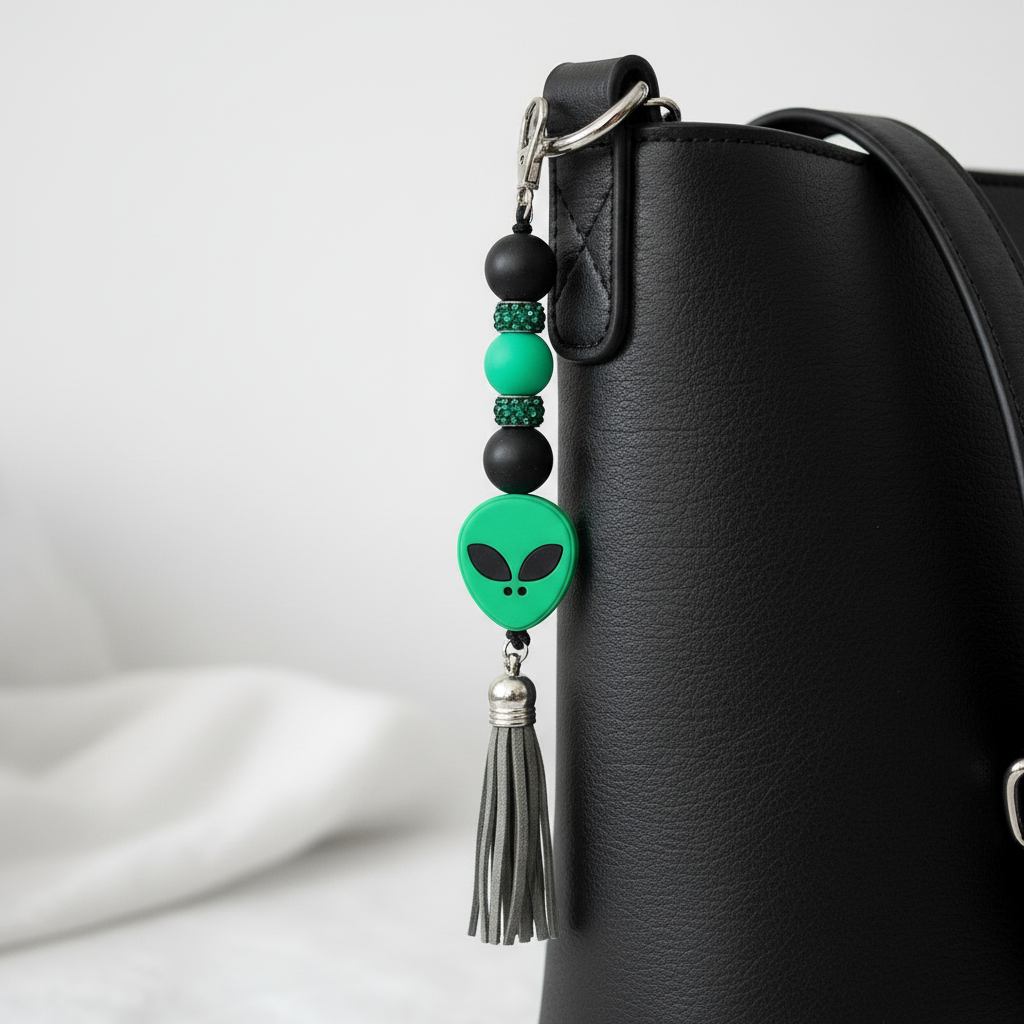 Green Alien Head Keychain: Space Babe Beads, UFO Gift