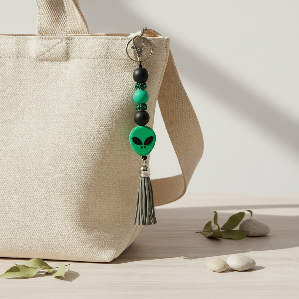 Green Alien Head Keychain: Space Babe Beads, UFO Gift