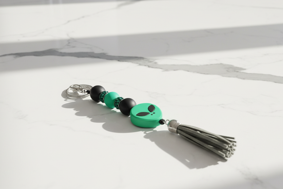 Green Alien Head Keychain: Space Babe Beads, UFO Gift