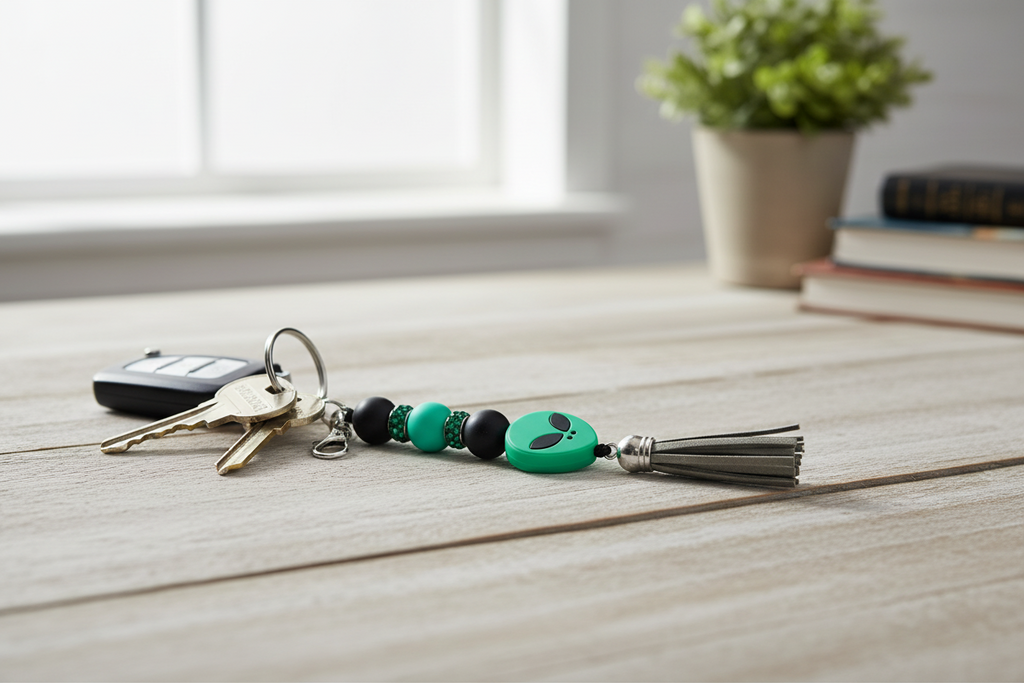 Green Alien Head Keychain: Space Babe Beads, UFO Gift