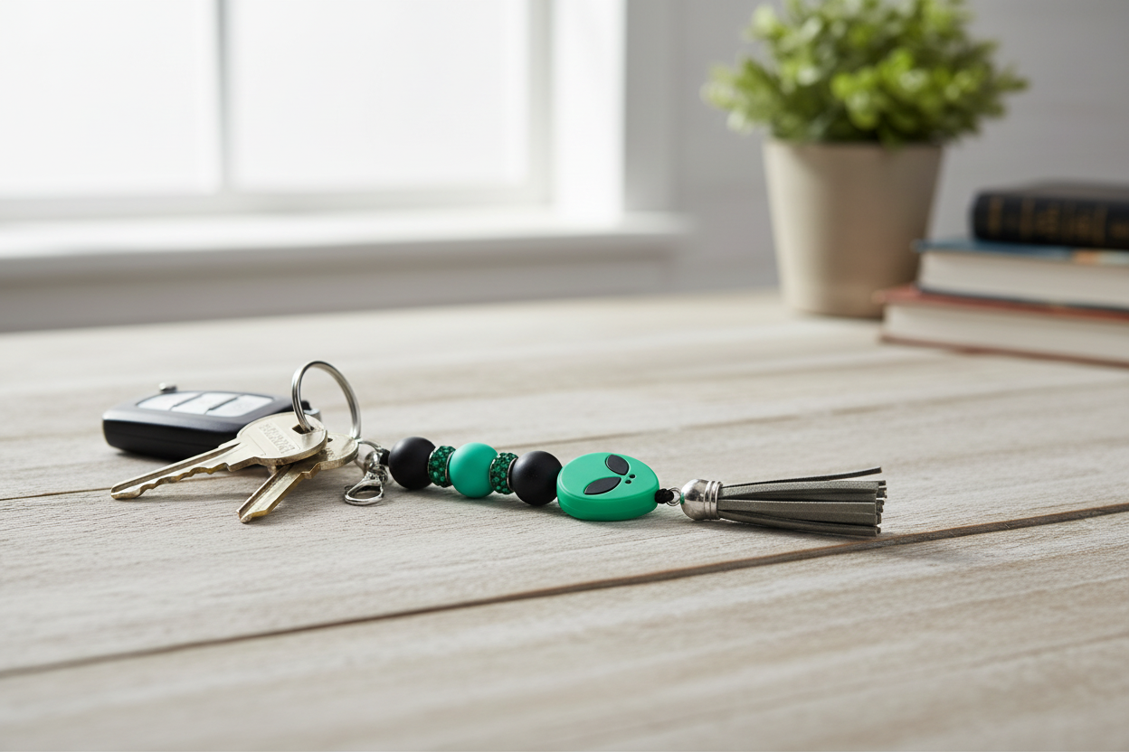 Green Alien Head Keychain: Space Babe Beads, UFO Gift