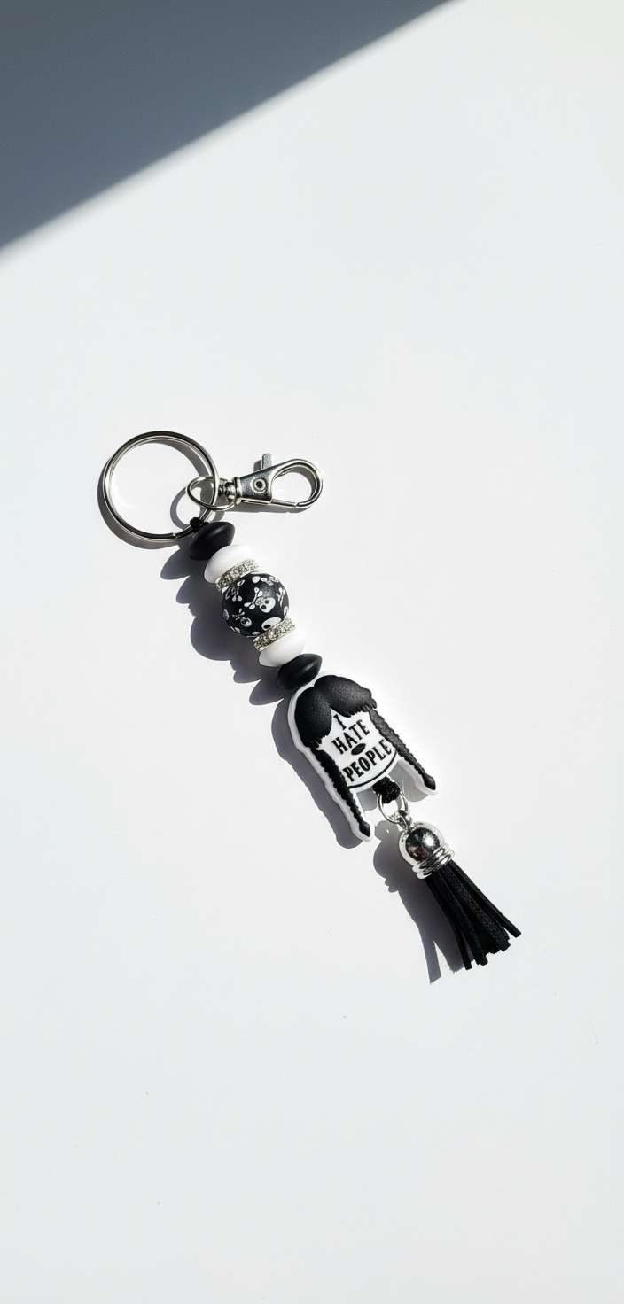 Wednesday Addams ‘I Hate People’ Beaded Keychain – Gothic Spooky Accessory, Creepy Cute Bag Charm,  Horror & Addams Family Fans