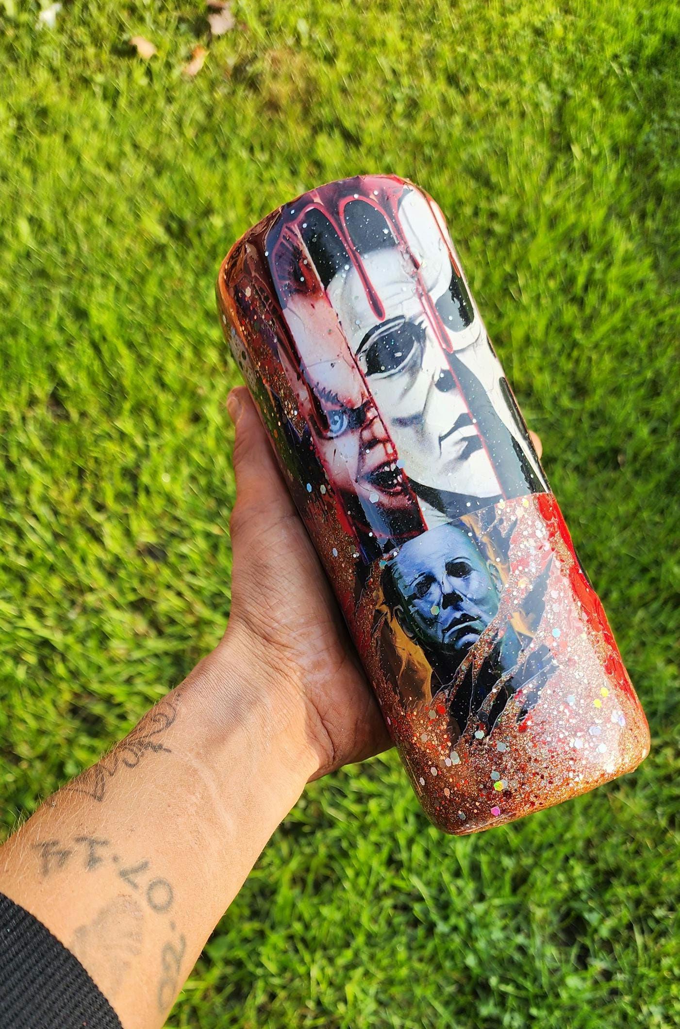 Horror Movie Tumbler: Glittery Slasher Film Stainless Steel Cup