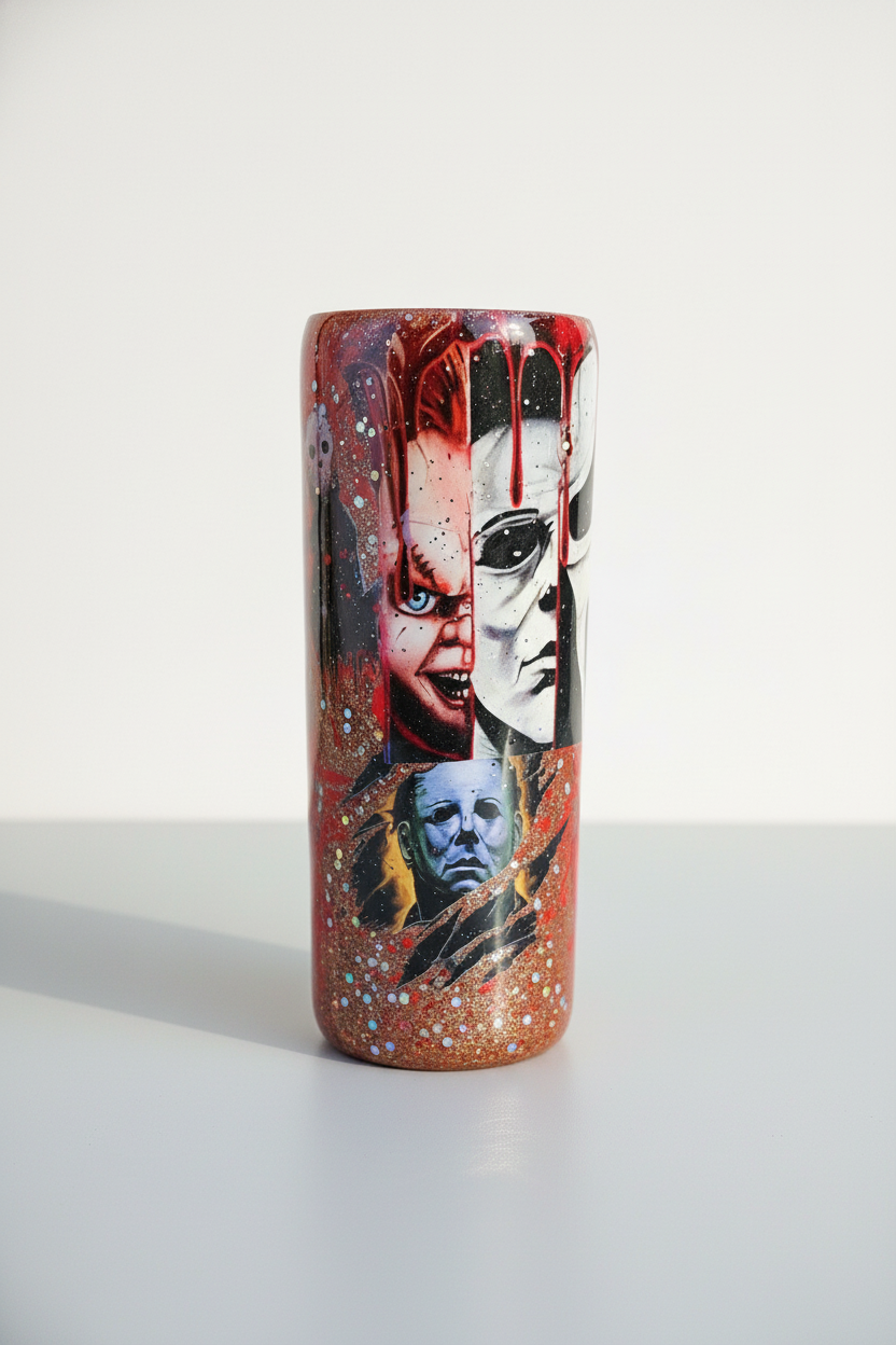 Horror Movie Tumbler: Glittery Slasher Film Stainless Steel Cup