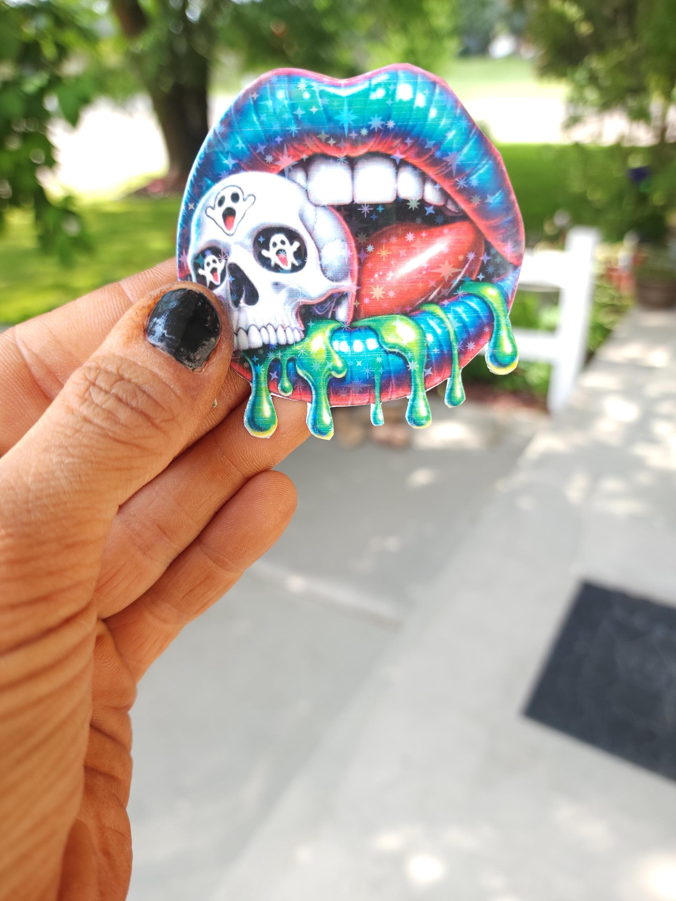 Kiss of Death – Blue & Green Lips with Skull Vinyl Sticker | Gothic Glam Aesthetic for Baddies, Weirdos and Rule Breakers