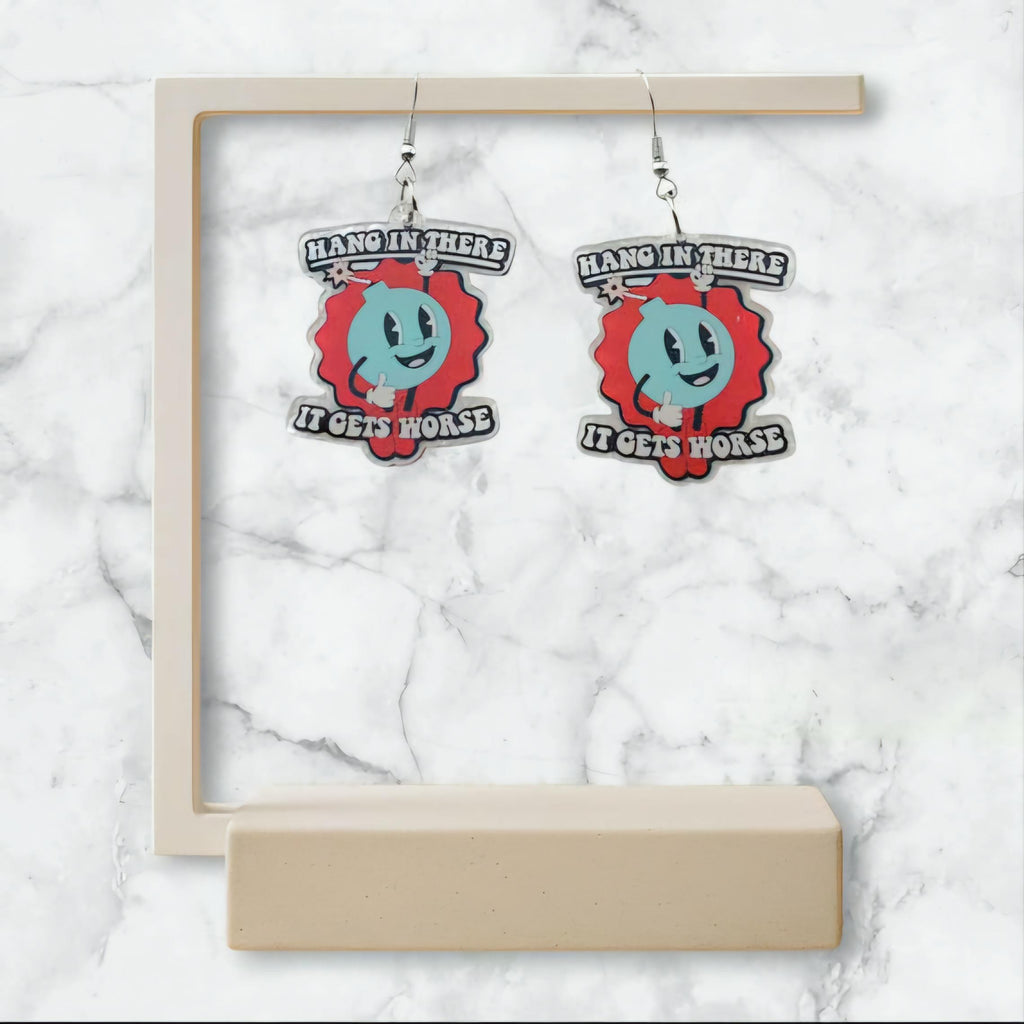Sarcastic Bomb Dangle Earrings: Blue Acrylic with Bold White Lettering