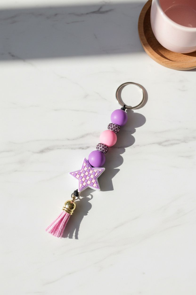 Checkered Star Beaded Keychain: Funky Bag Charm for Bold Personalities