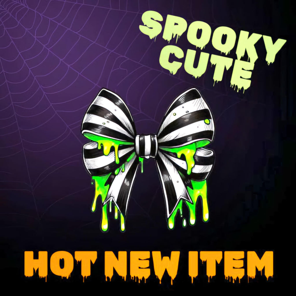 Gothic Bow Vinyl Sticker: Black & White Stripes with Neon Green Slime