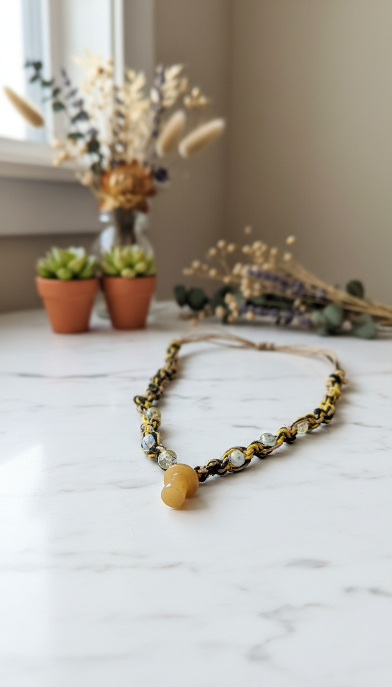 Hemp Necklace with Yellow Glass Mushroom Bead - Ecofriendly Black, White & Yellow Boho Jewelry for Men and Women
