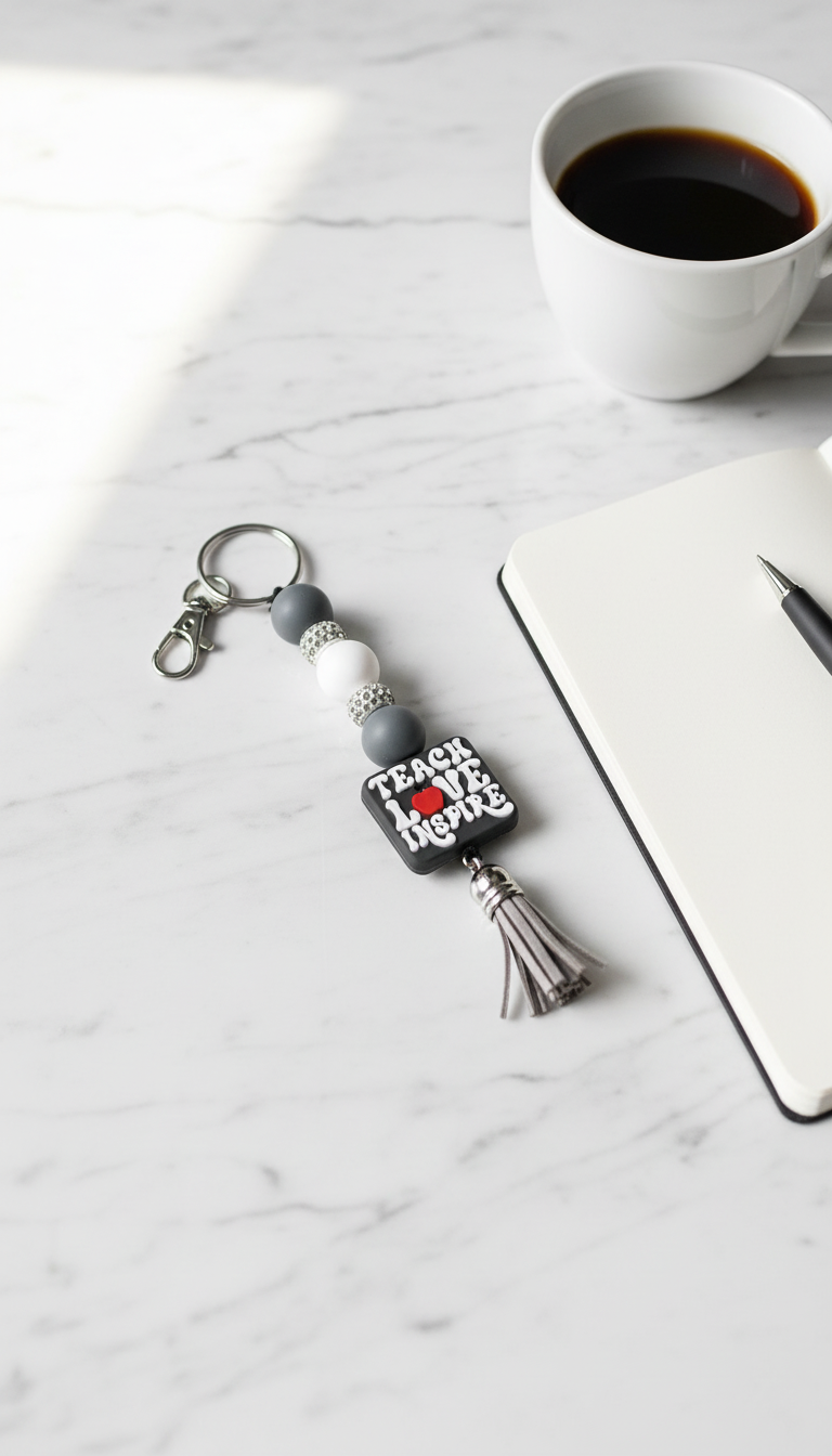 Gray & White Beaded Keychain – “Teach, Love, Inspire” Teacher appreciation| Positive Quote Keychain, Bag Charm