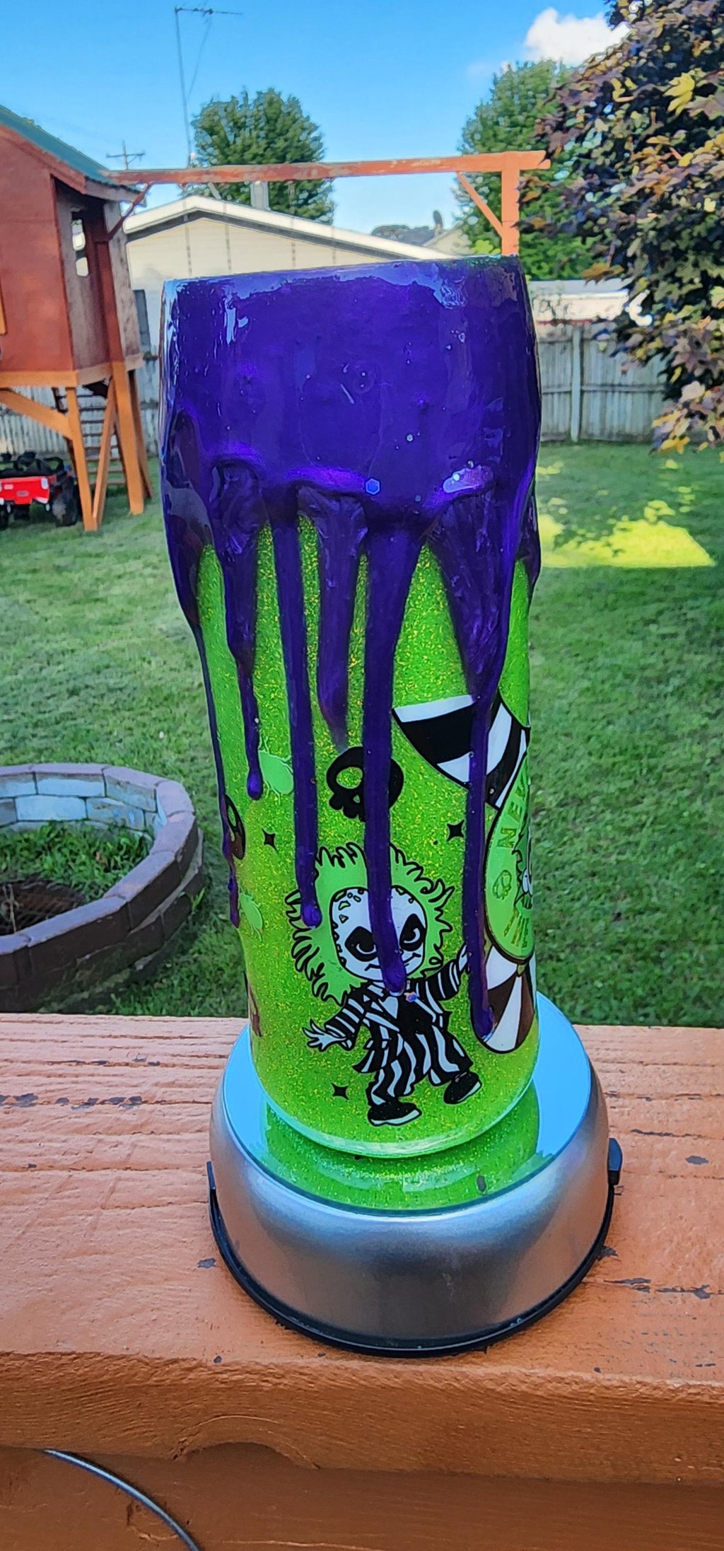 Epoxy Drip Tumbler – Neon Green & Purple Creepy Cute Horror Cup | Handmade Halloween Drinkware and Spooky Movie Fan Gift