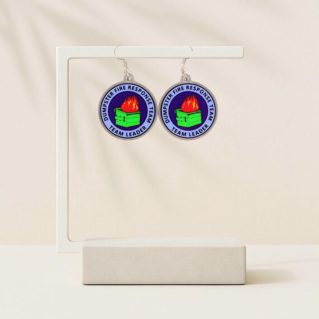 Dumpster Fire Response Team Earrings: Funny Acrylic Dangle Jewelry