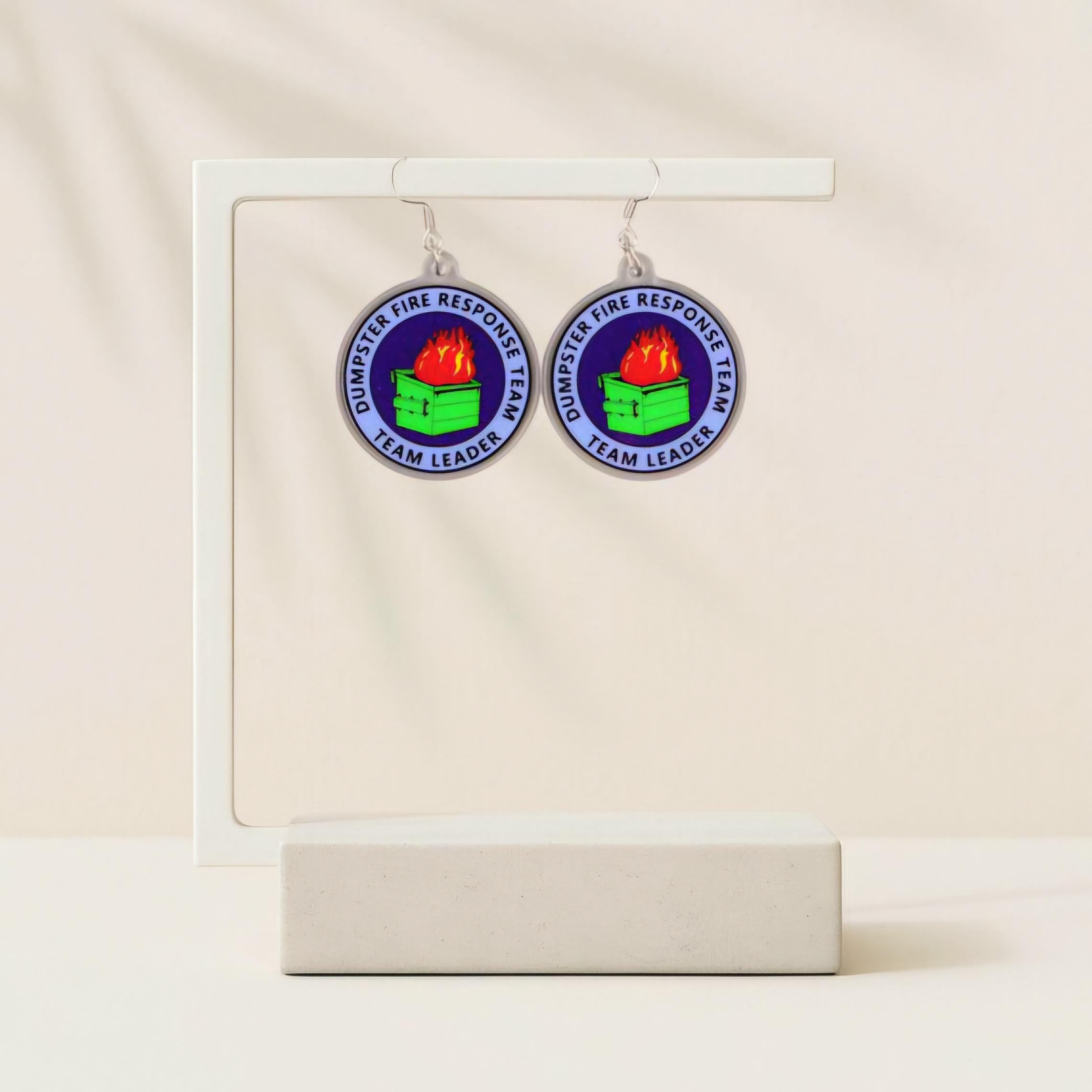 Dumpster Fire Response Team Earrings: Funny Acrylic Dangle Jewelry