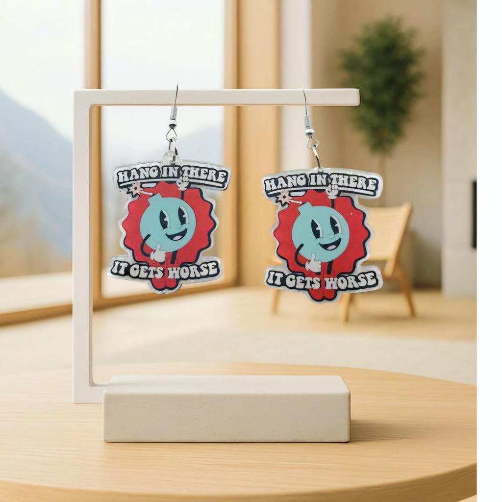 Sarcastic Bomb Dangle Earrings: Blue Acrylic with Bold White Lettering