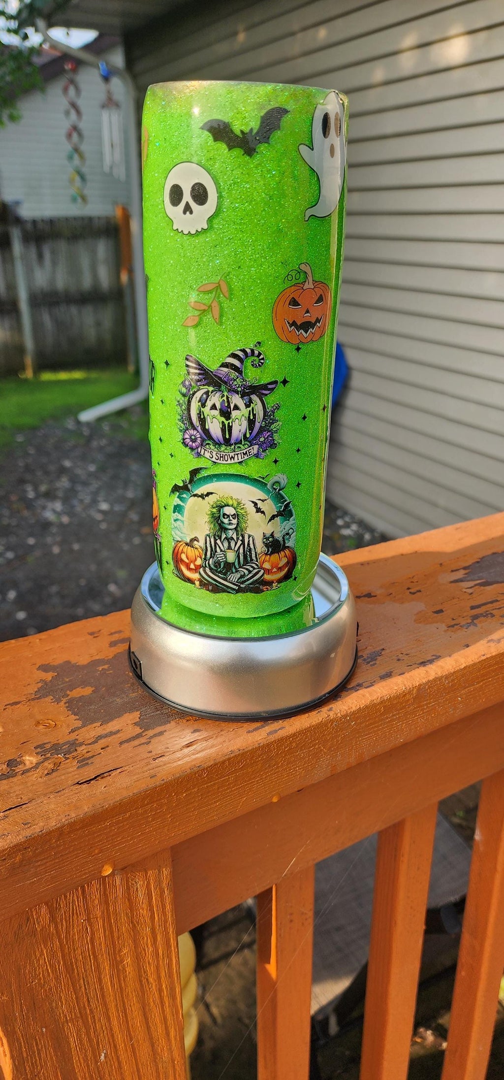 Beetlejuice Tumbler: Lime Green Spooky Sparkle Stainless Steel Cup