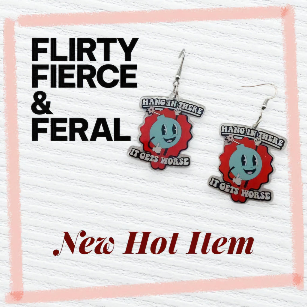 Sarcastic Bomb Dangle Earrings: Blue Acrylic with Bold White Lettering