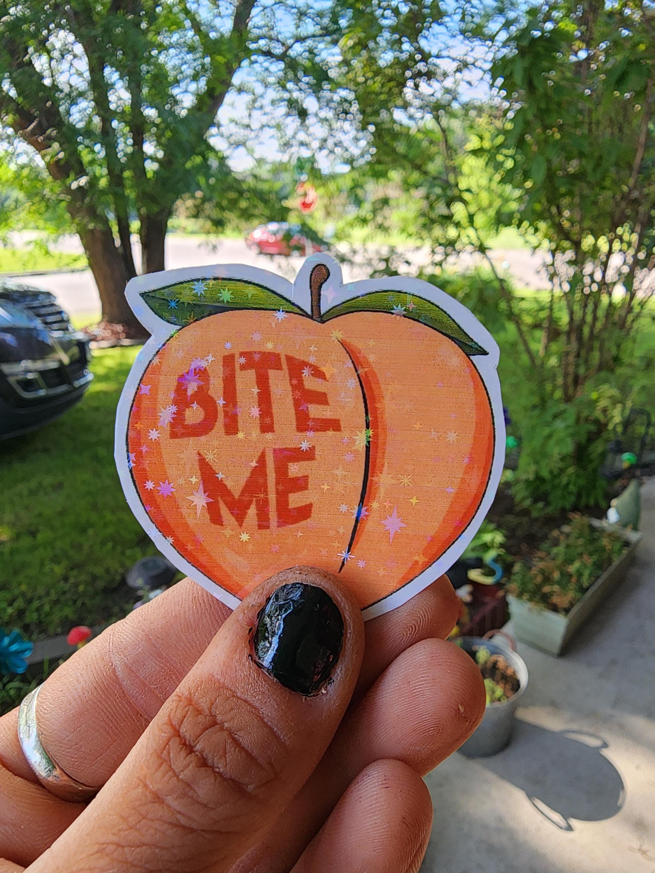 Bite Me Sticker – Sassy Peach Vinyl (3x3 in) | Cute But Rude Waterproof Sticker for Laptops, Water Bottles & Chaos Queens **Set of 2**