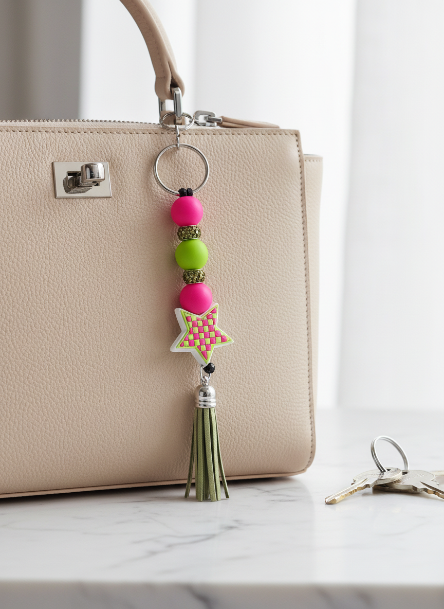 Checkered Star Beaded Keychain: Funky Bag Charm for Bold Personalities