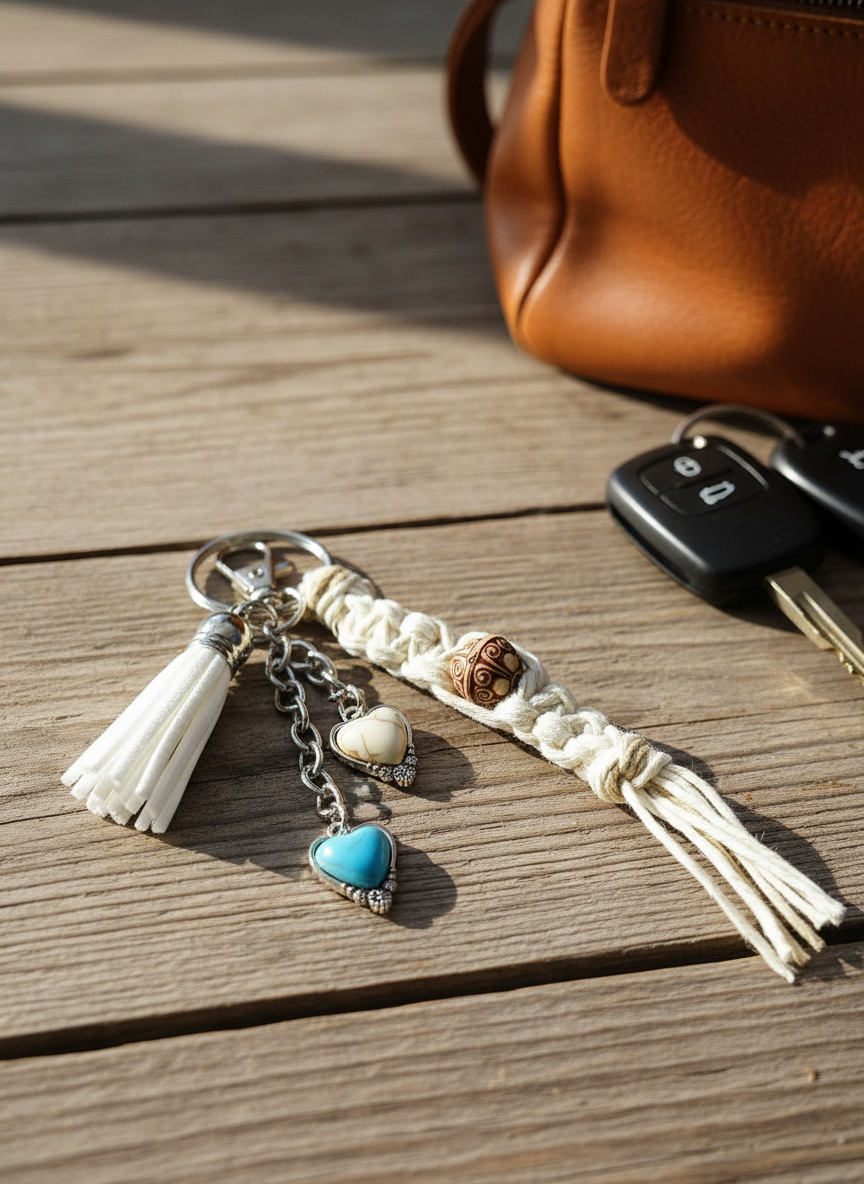 Handmade Hemp Keychain: Heart Charms & Glass Beads