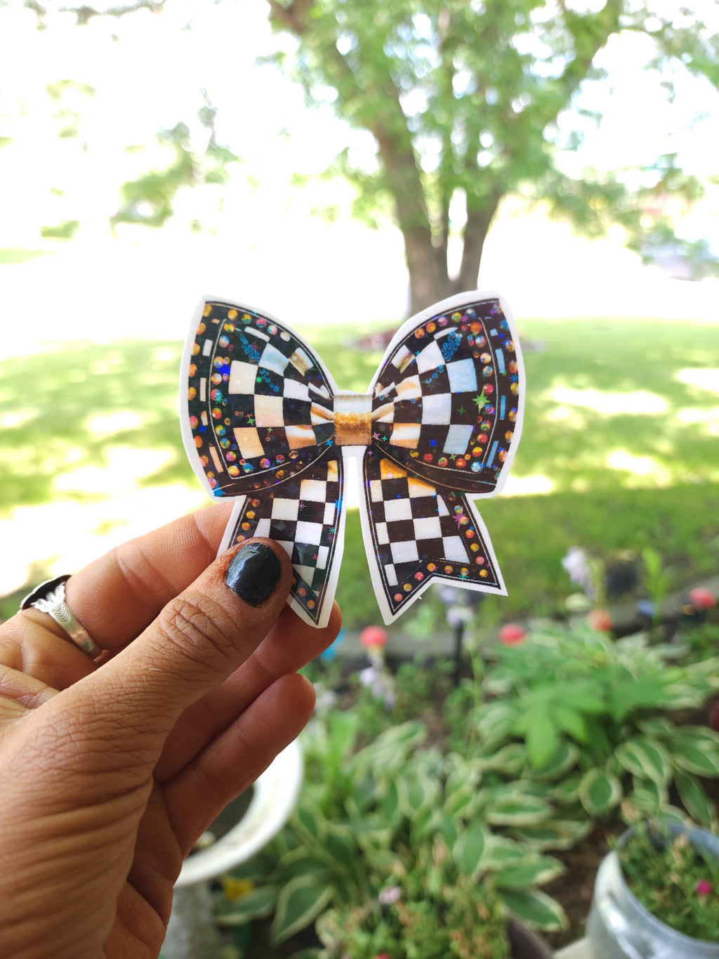 Checkered Bow Rhinestone Sticker: Retro Race Car Decal