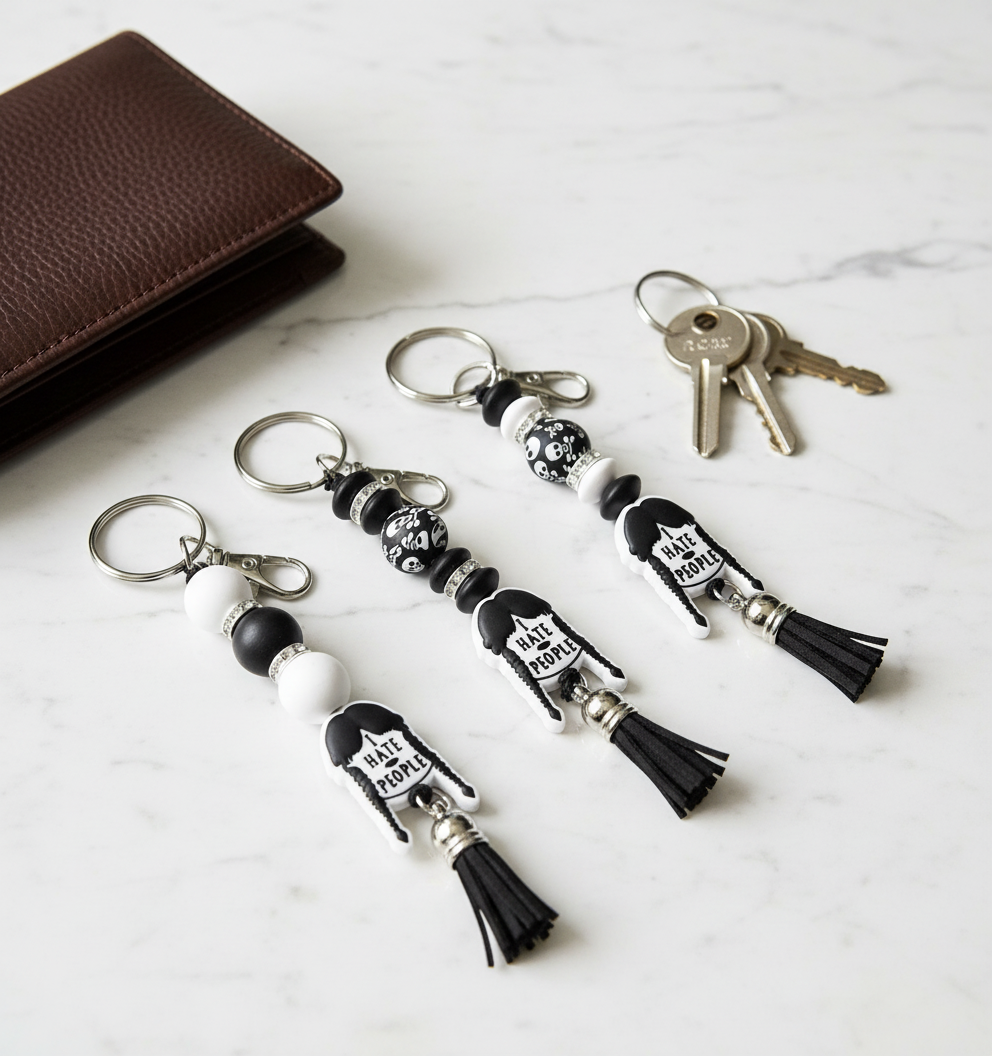 Wednesday Addams ‘I Hate People’ Beaded Keychain – Gothic Spooky Accessory, Creepy Cute Bag Charm,  Horror & Addams Family Fans