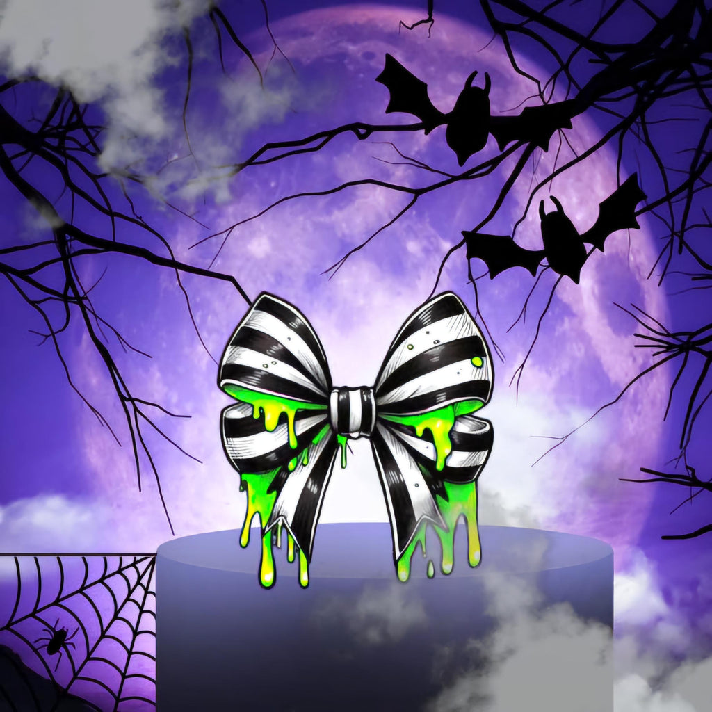 Gothic Bow Vinyl Sticker: Black & White Stripes with Neon Green Slime