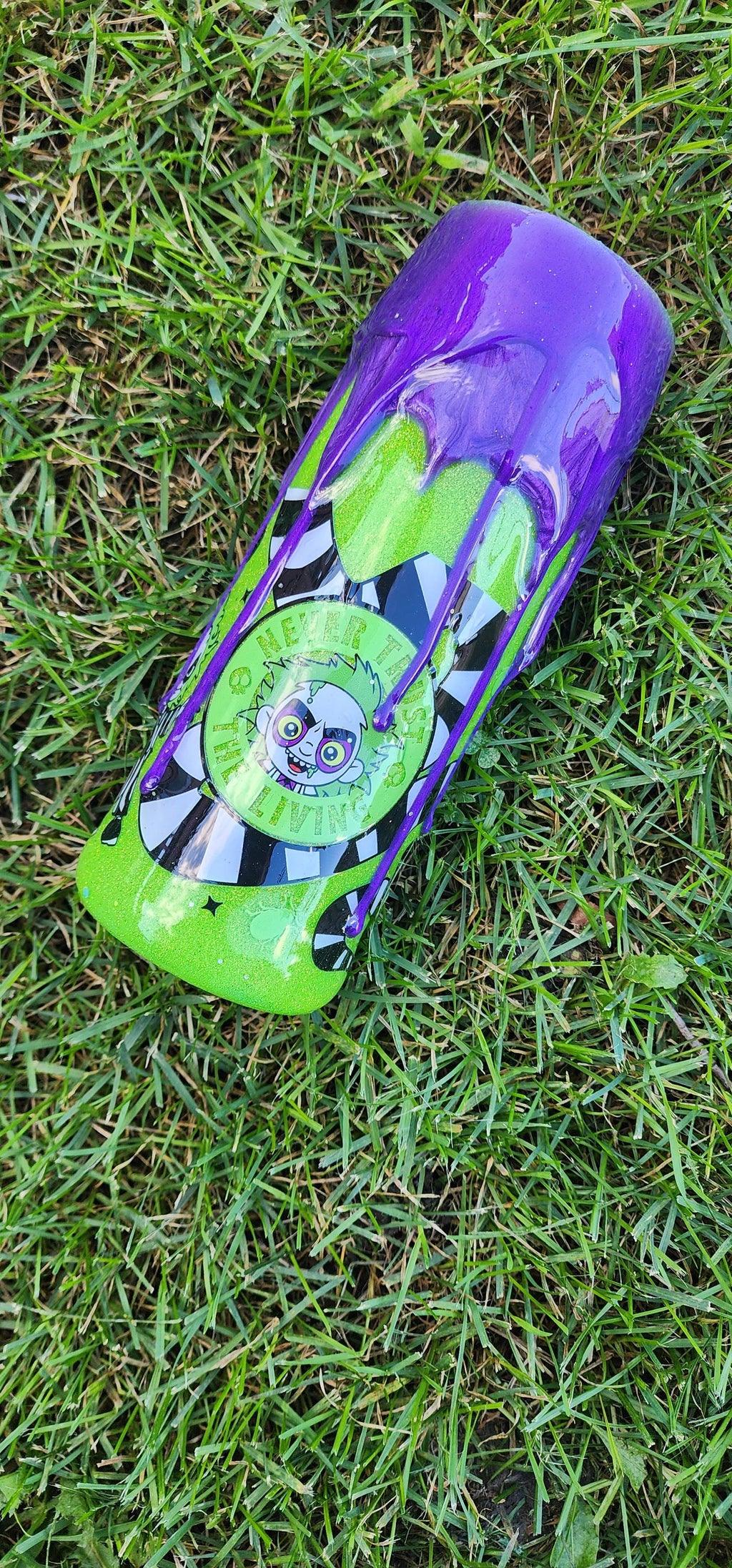 Epoxy Drip Tumbler – Neon Green & Purple Creepy Cute Horror Cup | Handmade Halloween Drinkware and Spooky Movie Fan Gift
