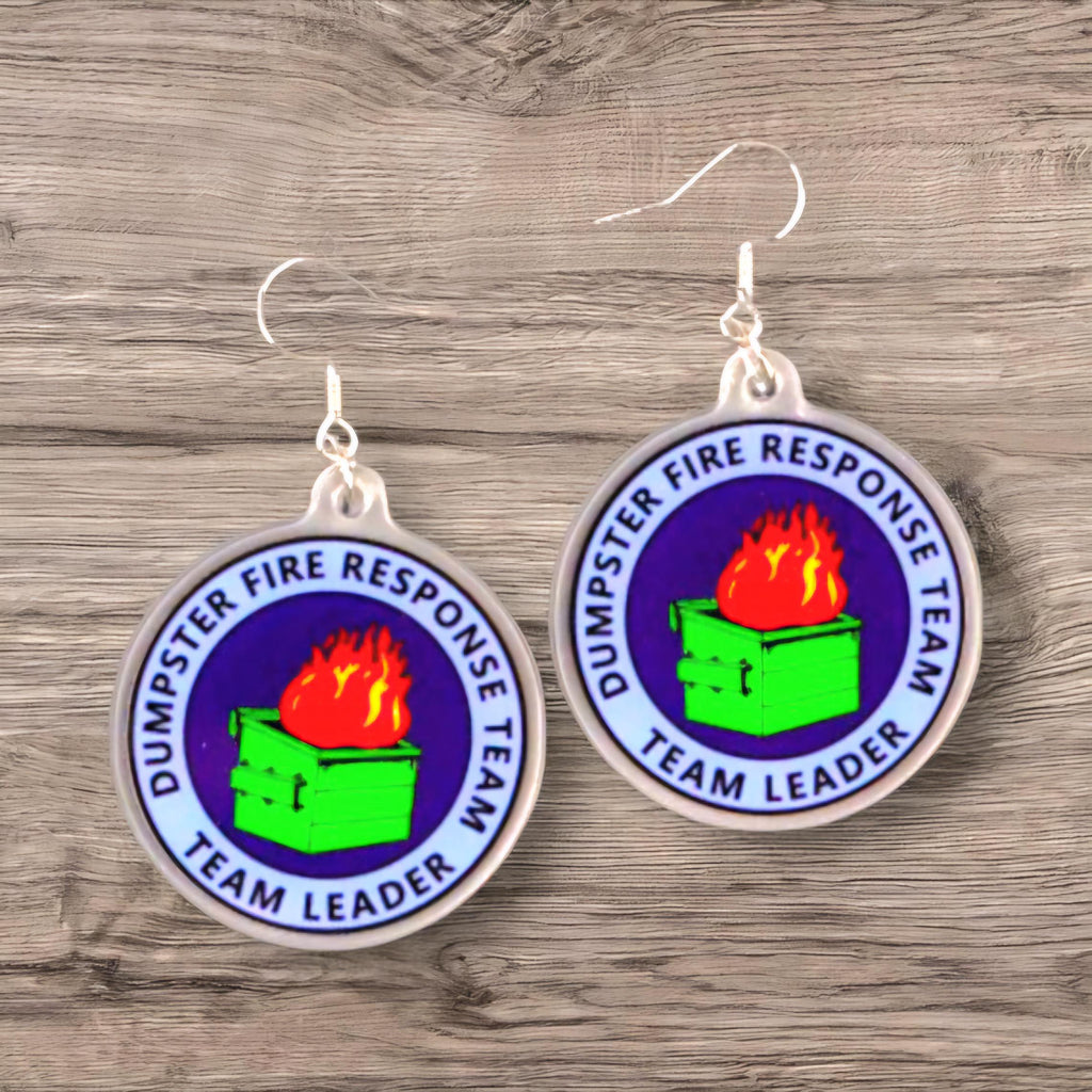 Dumpster Fire Response Team Earrings: Funny Acrylic Dangle Jewelry