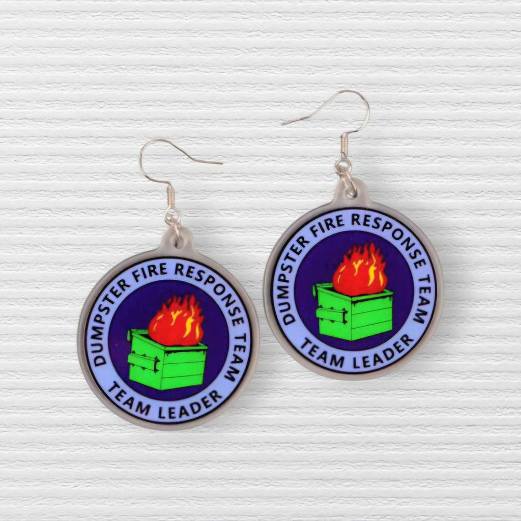 Dumpster Fire Response Team Earrings: Funny Acrylic Dangle Jewelry