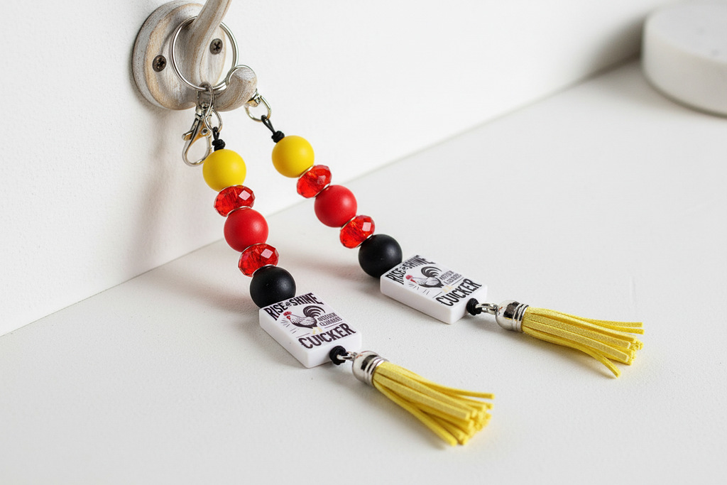 Rise and Shine Mother Cluckers Keychain – Red, Yellow & Black Beaded Farmhouse Accessory | Chicken Lover