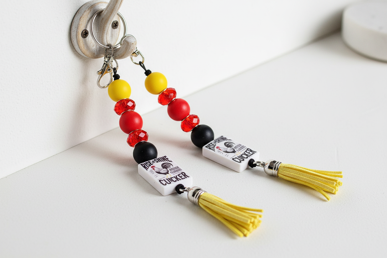 Rise and Shine Mother Cluckers Keychain – Red, Yellow & Black Beaded Farmhouse Accessory | Chicken Lover